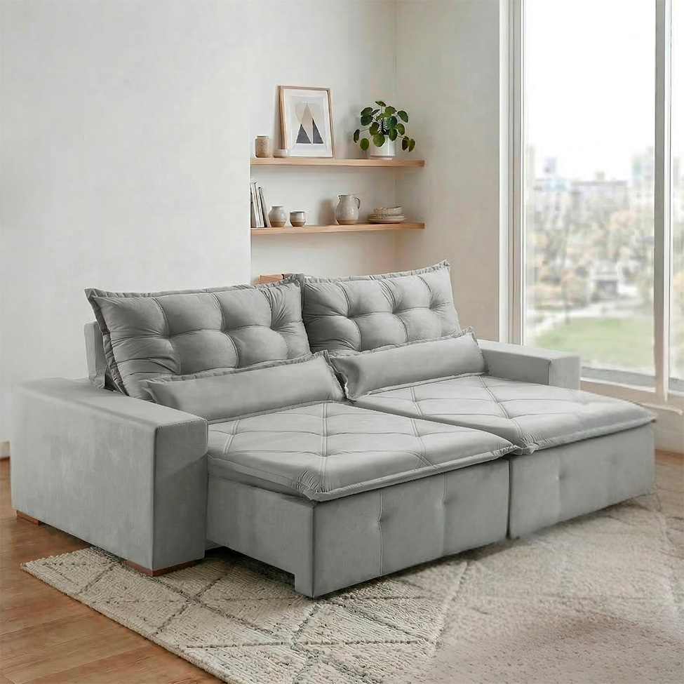 Sofá 4 Lugares Retrátil e Reclinável França Veludo Prata 270 cm