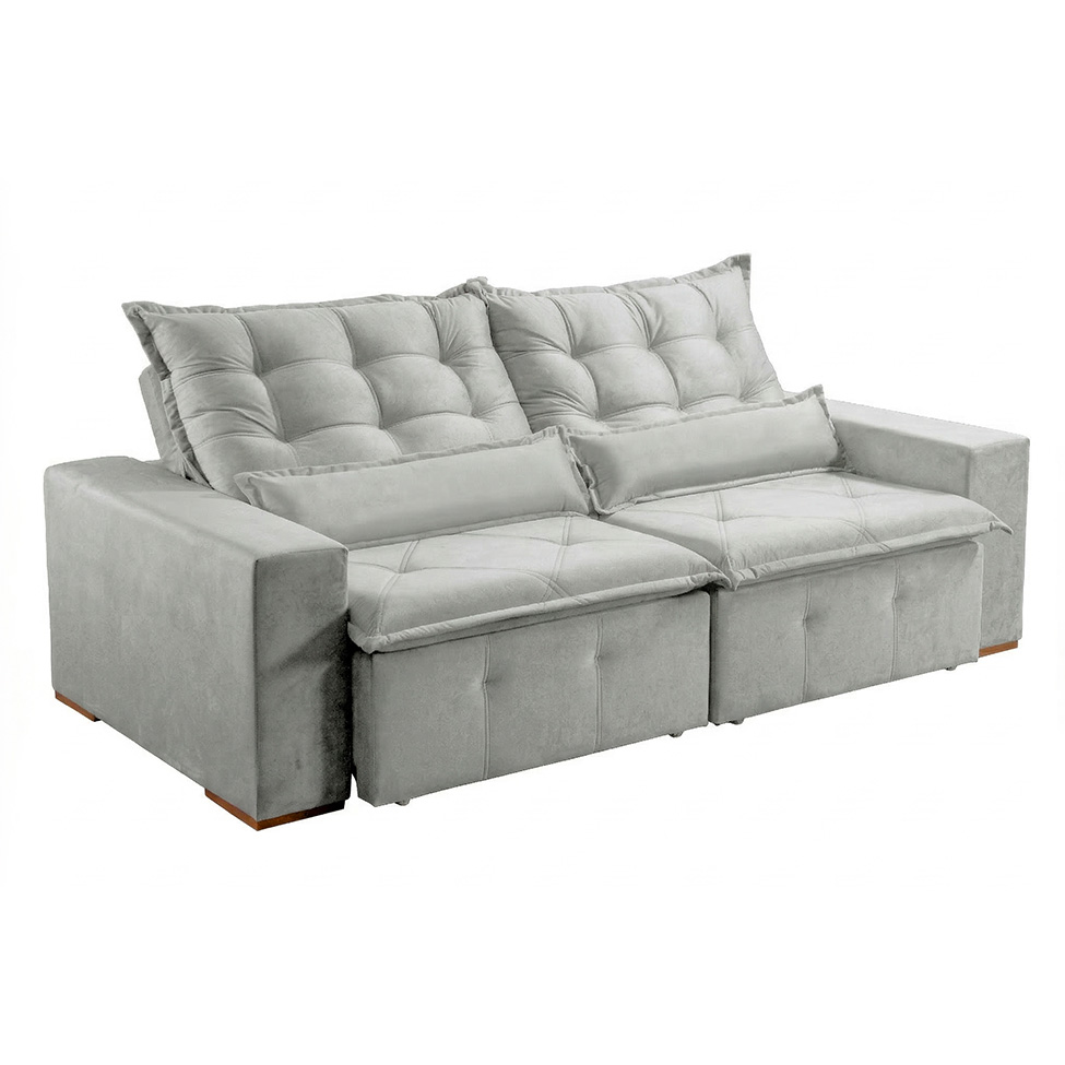 Sofá 4 Lugares Retrátil e Reclinável França Veludo Prata 270 cm