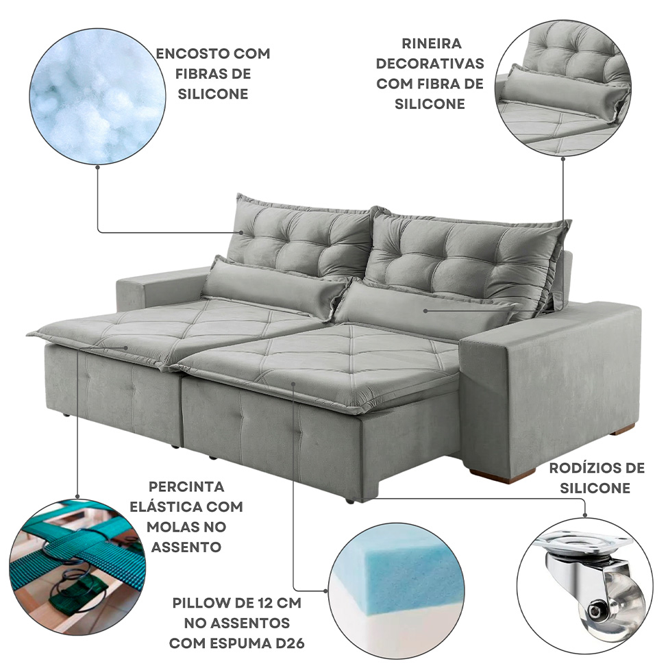 Sofá 4 Lugares Retrátil e Reclinável França Veludo Prata 270 cm