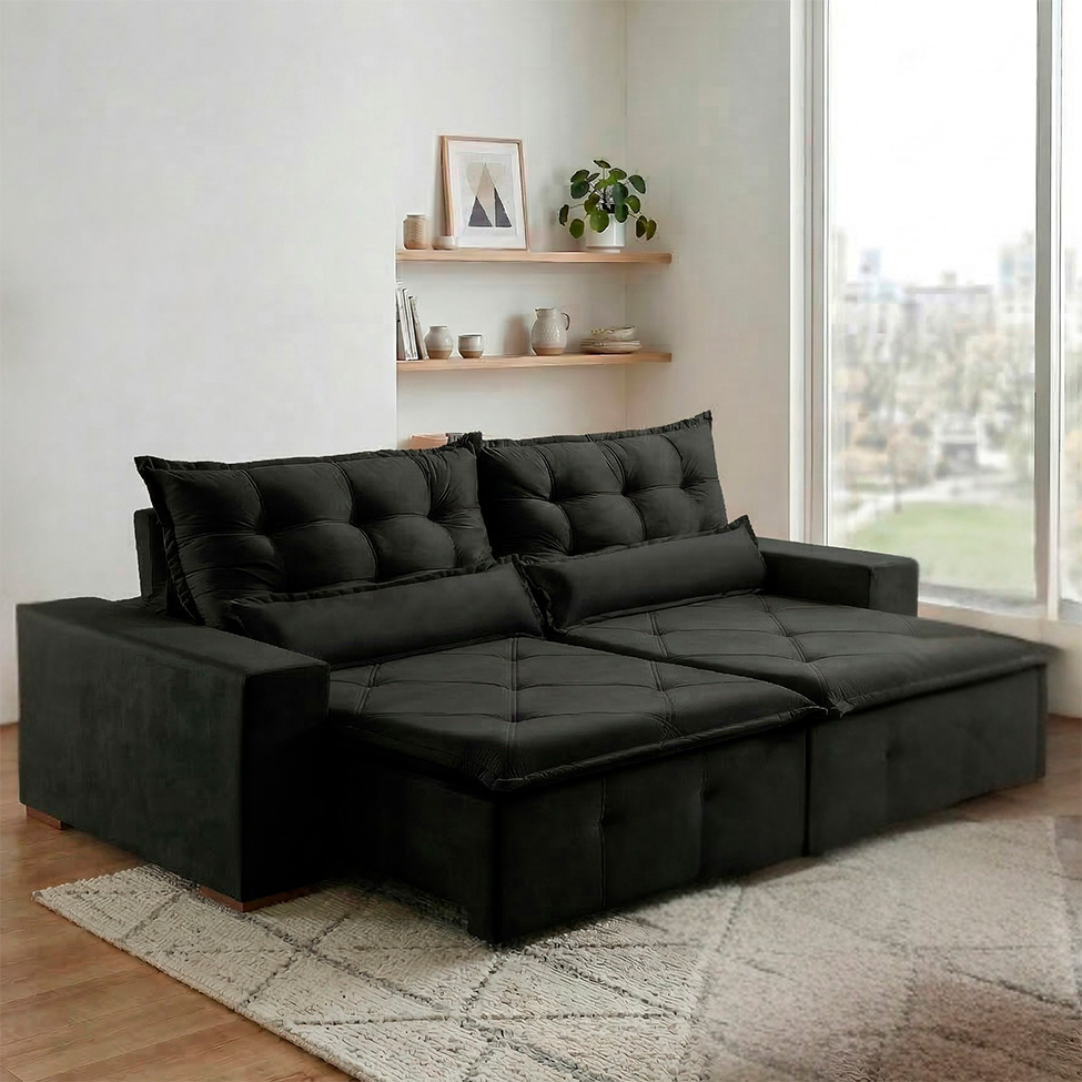 Sofá 4 Lugares Retrátil e Reclinável França Veludo Preto 250 cm