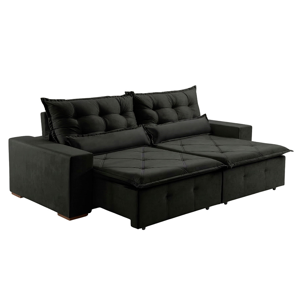 Sofá 4 Lugares Retrátil e Reclinável França Veludo Preto 250 cm