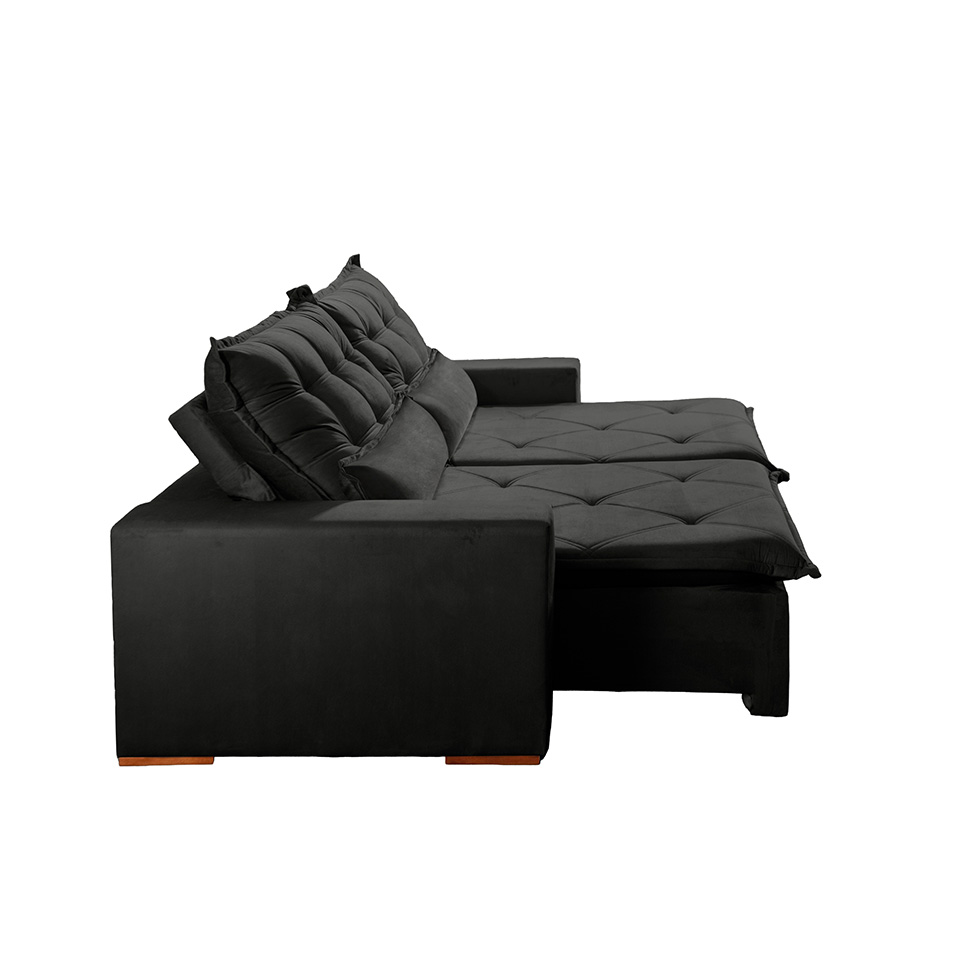 Sofá 4 Lugares Retrátil e Reclinável França Veludo Preto 250 cm