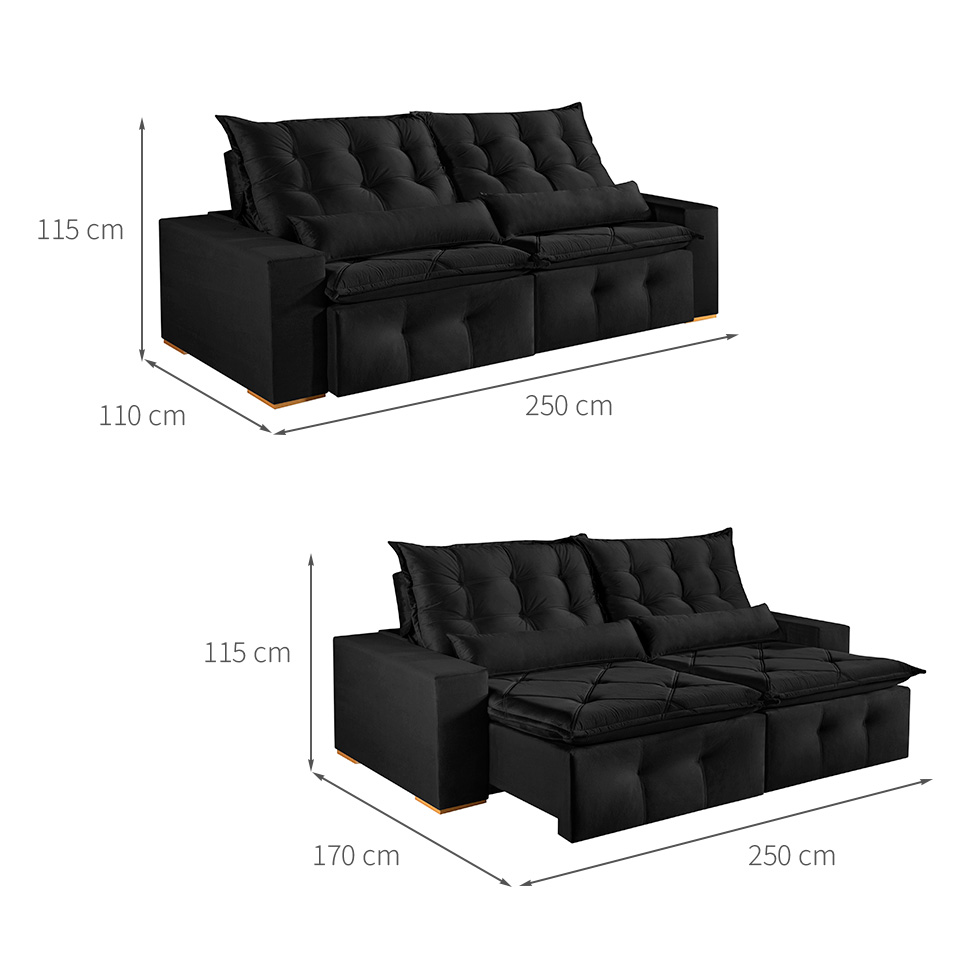 Sofá 4 Lugares Retrátil e Reclinável França Veludo Preto 250 cm