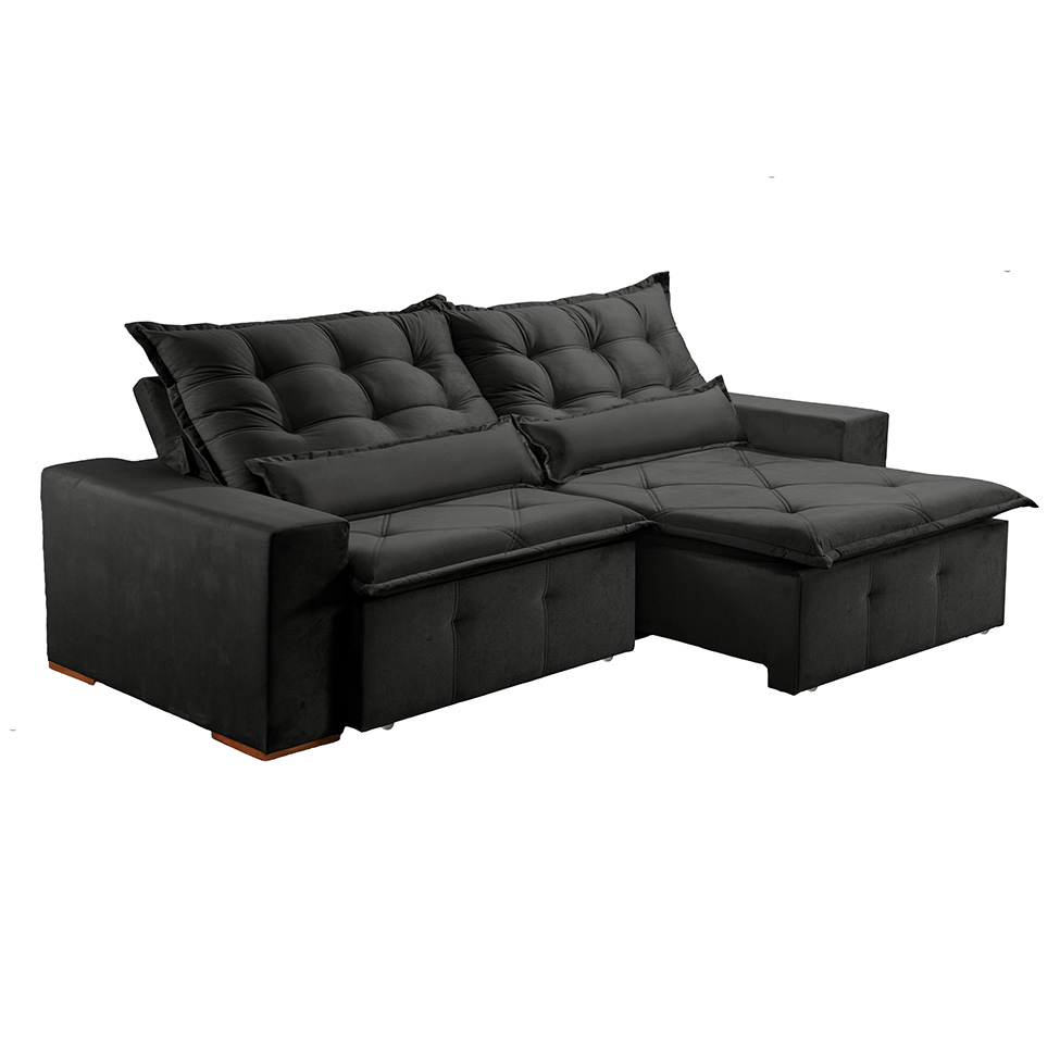 Sofá 4 Lugares Retrátil e Reclinável França Veludo Preto 270 cm