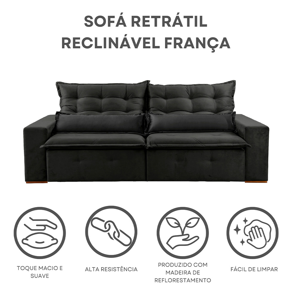 Sofá 4 Lugares Retrátil e Reclinável França Veludo Preto 270 cm