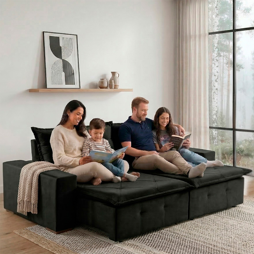Sofá 4 Lugares Retrátil e Reclinável França Veludo Preto 270 cm