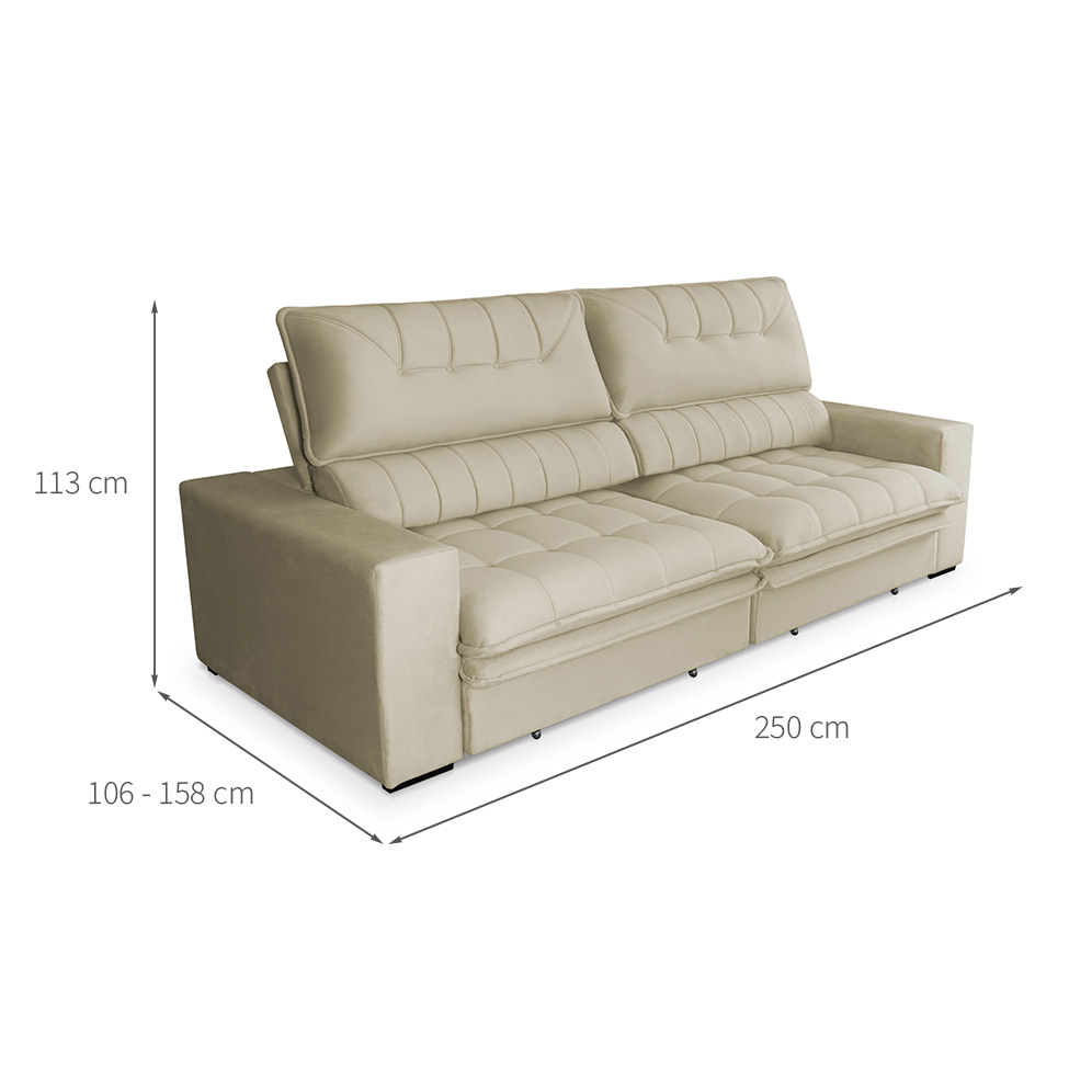 Sofá 4 Lugares Retrátil e Reclinável Mustang Veludo Bege 250 cm
