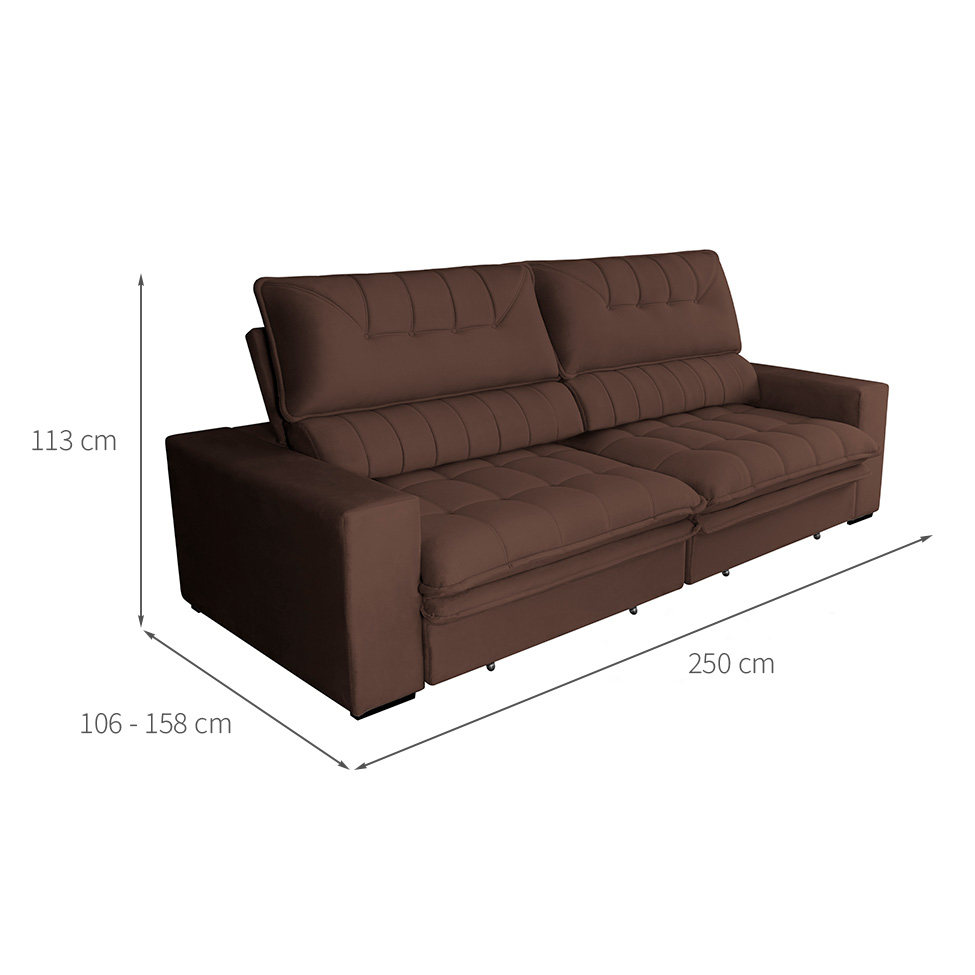 Sofá 4 Lugares Retrátil e Reclinável Mustang Veludo Café 250 cm