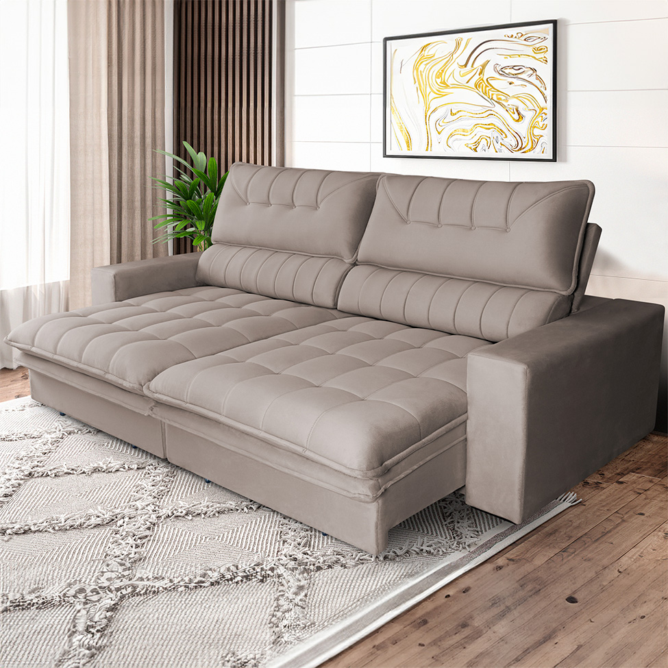 Sofá 4 Lugares Retrátil e Reclinável Mustang Veludo Castanho 250 cm