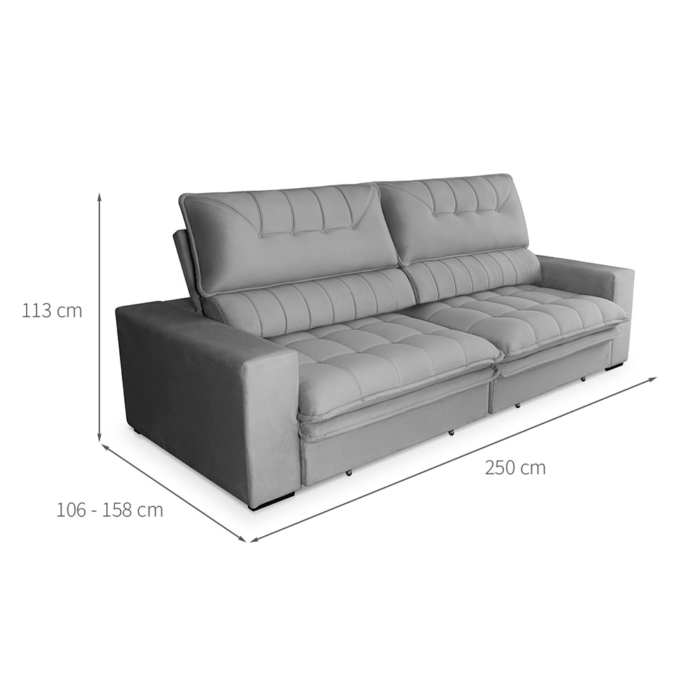 Sofá 4 Lugares Retrátil e Reclinável Mustang Veludo Cinza 250 cm
