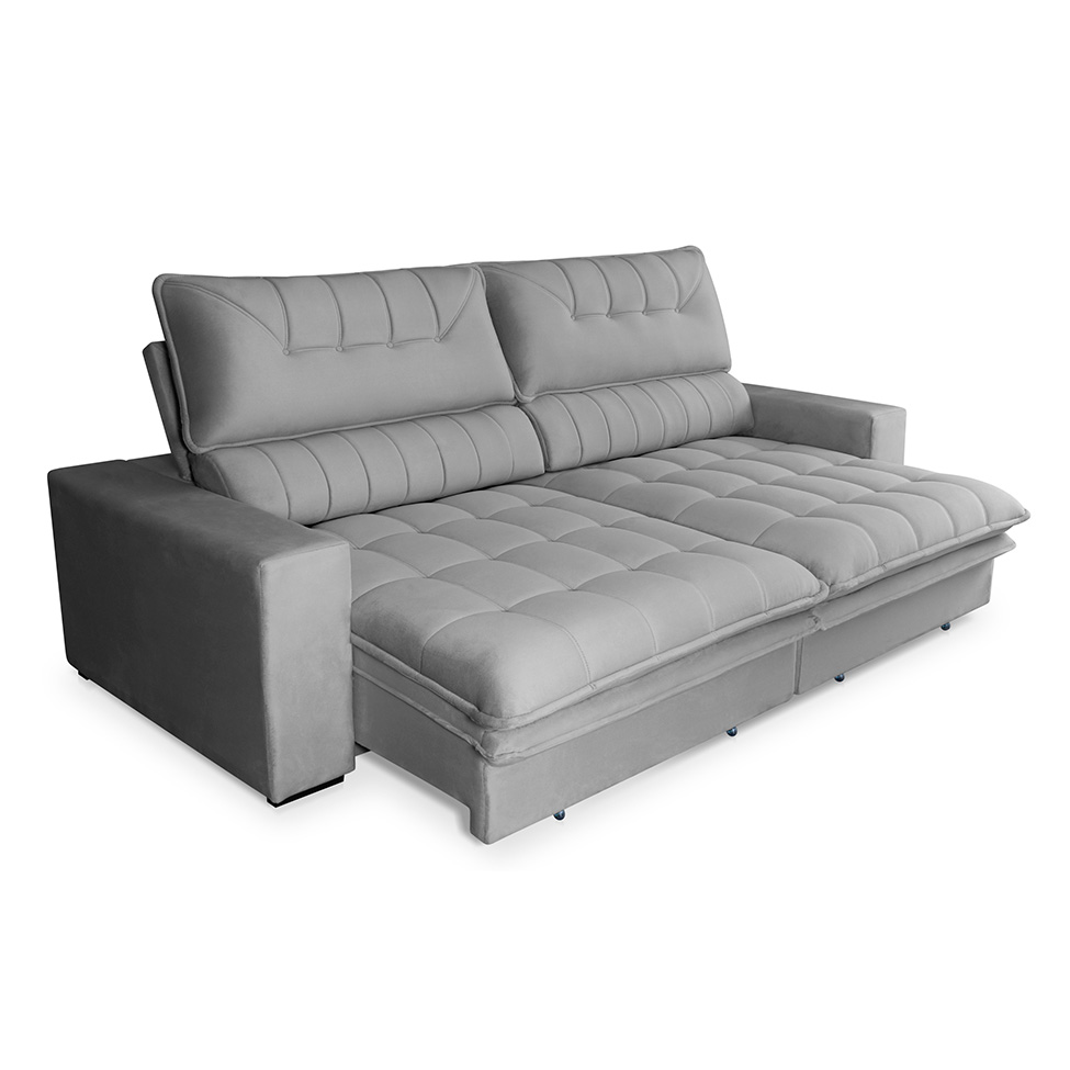 Sofá 4 Lugares Retrátil e Reclinável Mustang Veludo Cinza 250 cm