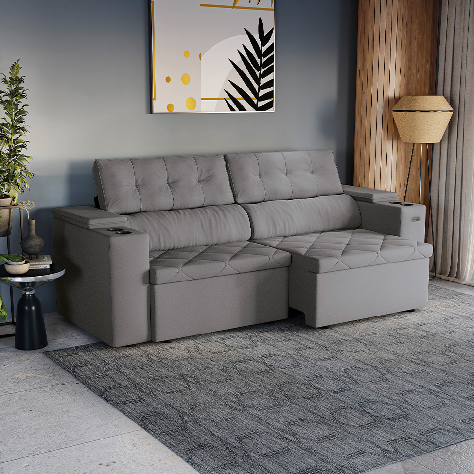 Sofá 4 Lugares Retrátil e Reclinável Otto com Porta-Copos Bouclé Titanio