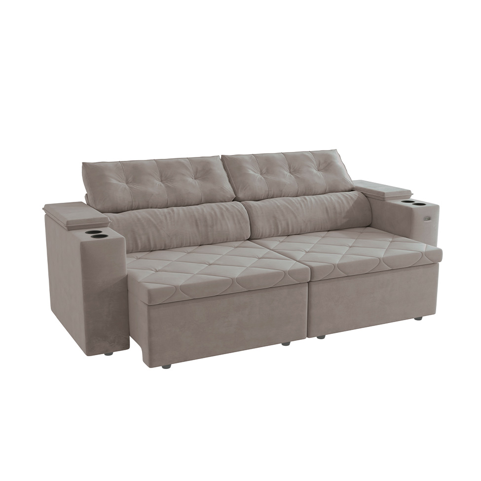 Sofá 4 Lugares Retrátil e Reclinável Otto com Porta-Copos Veludo Cinza Claro