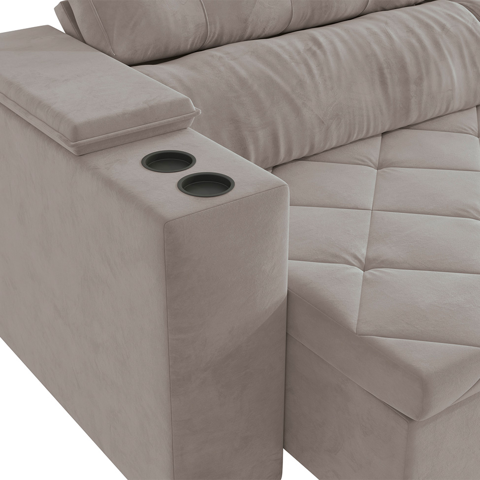 Sofá 4 Lugares Retrátil e Reclinável Otto com Porta-Copos Veludo Cinza Claro