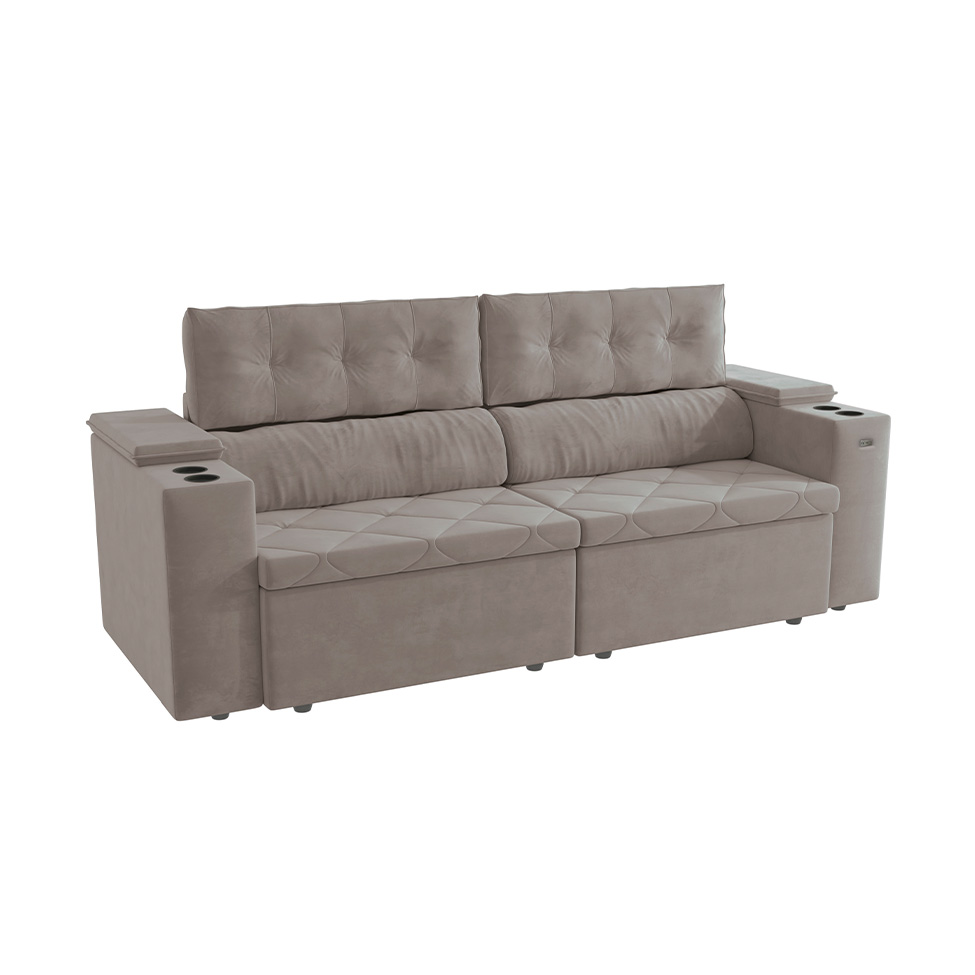 Sofá 4 Lugares Retrátil e Reclinável Otto com Porta-Copos Veludo Cinza Claro