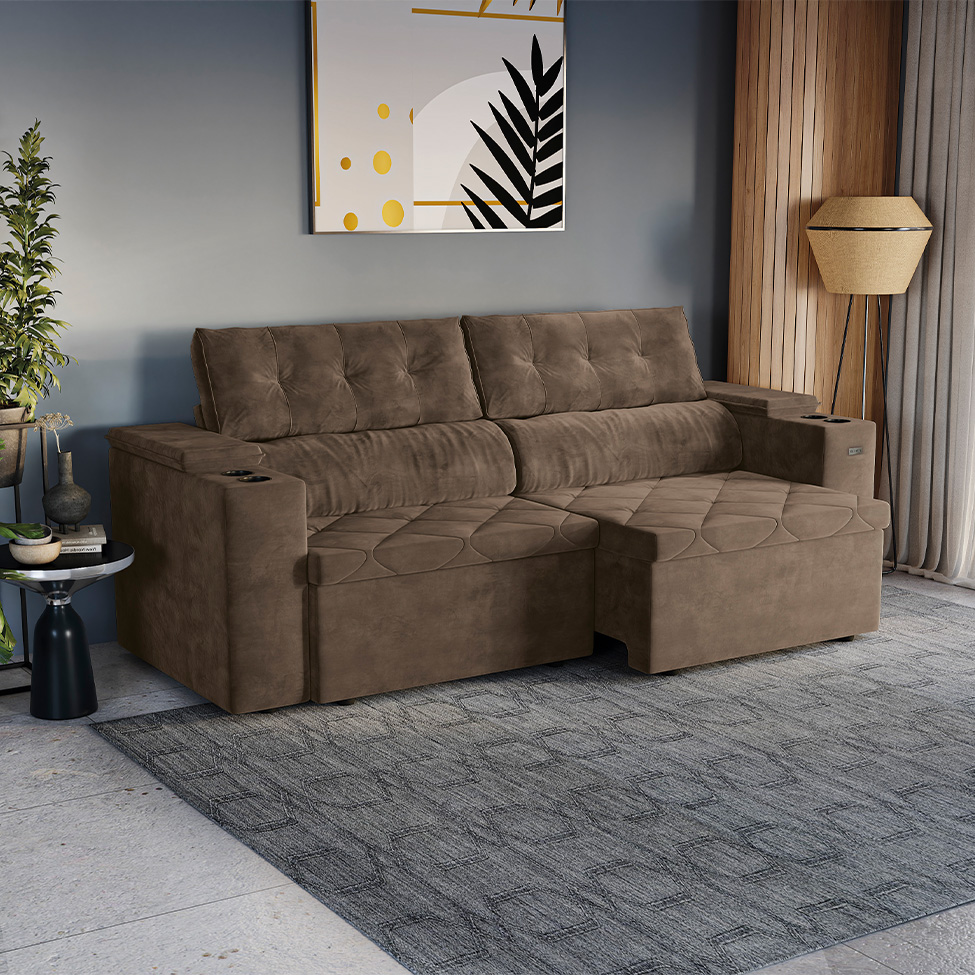 Sofá 4 Lugares Retrátil e Reclinável Otto com Porta-Copos Veludo Marrom