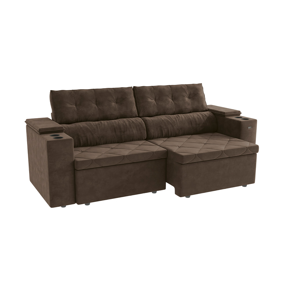 Sofá 4 Lugares Retrátil e Reclinável Otto com Porta-Copos Veludo Marrom