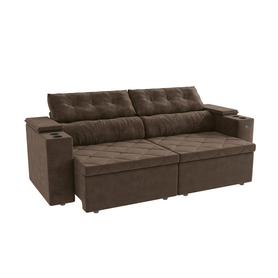 Sofá 4 Lugares Retrátil e Reclinável Otto com Porta-Copos Veludo Marrom