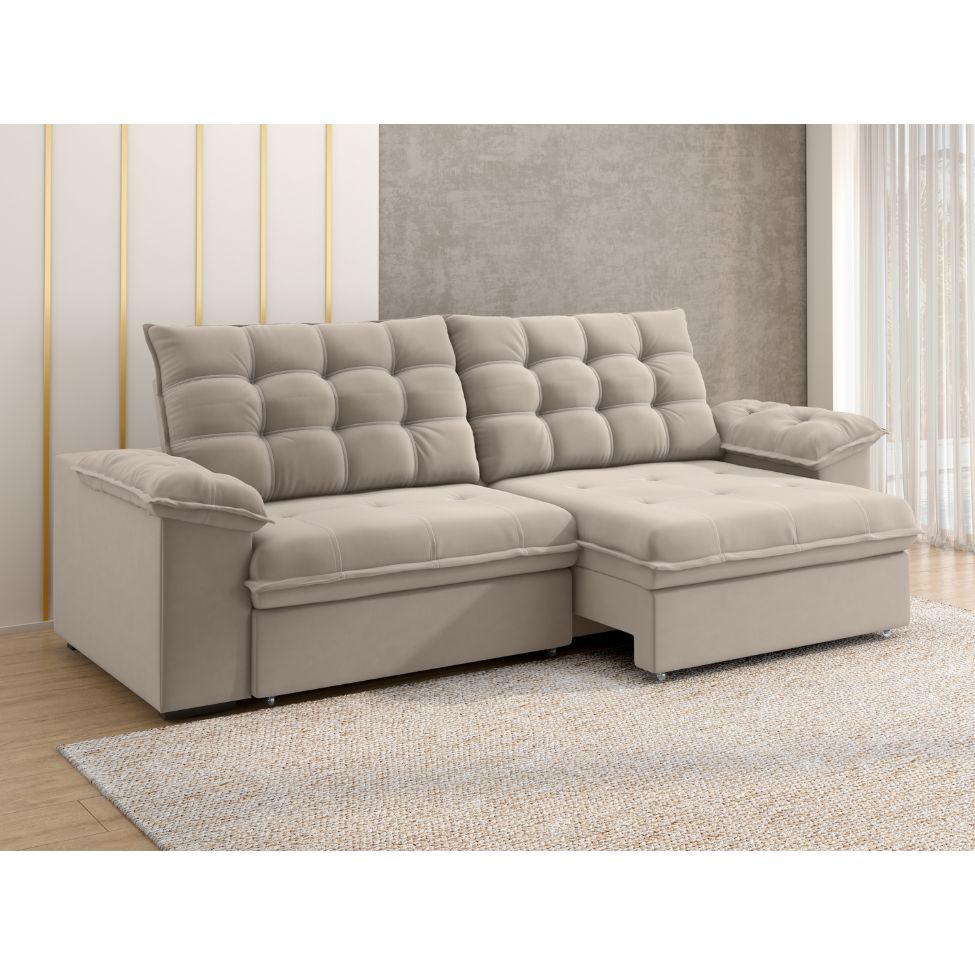 Sofá 4 Lugares Retrátil e Reclinável Palermo Veludo Capuccino 250 cm