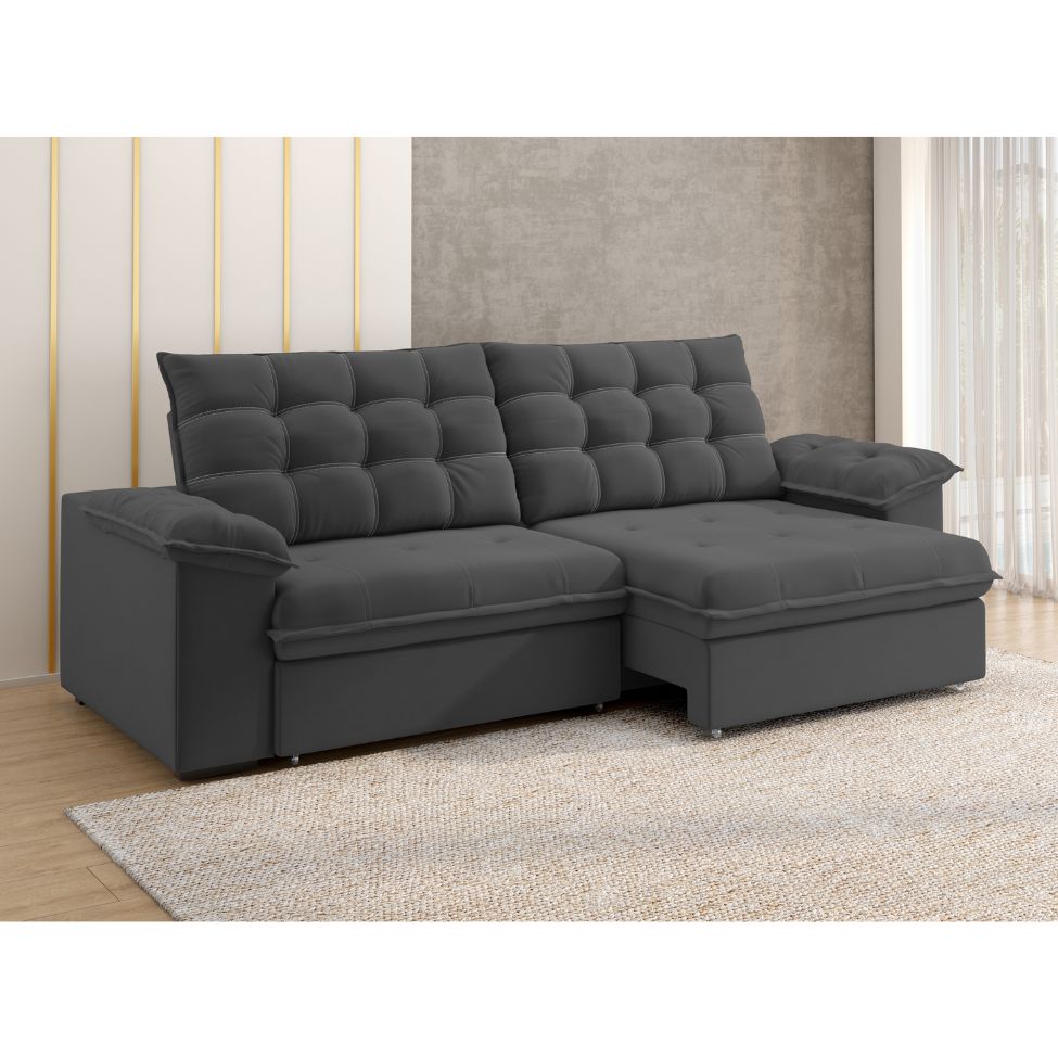 Sofá 4 Lugares Retrátil e Reclinável Palermo Veludo Cinza 250 cm