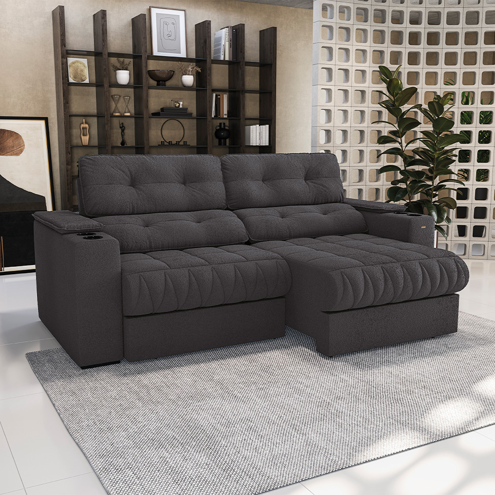 Sofá 4 Lugares Retrátil e Reclinável Premier com Porta-Copos Bouclé Chumbo