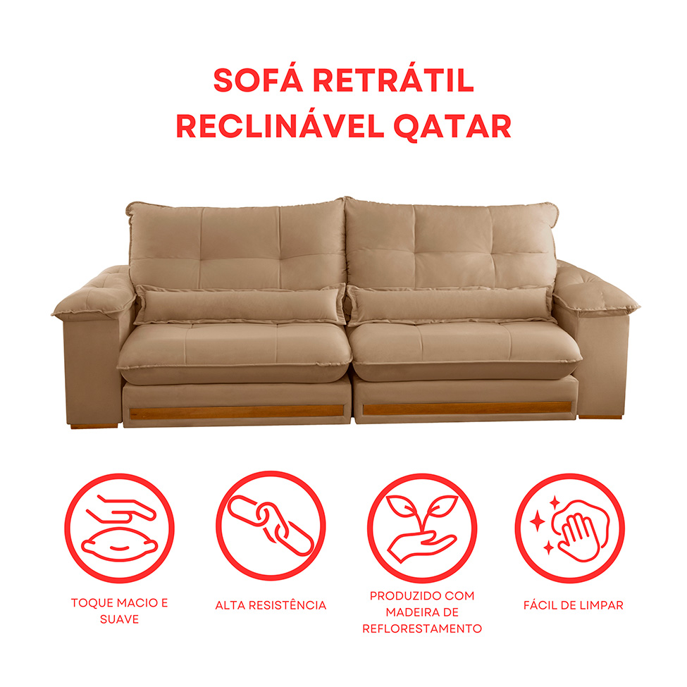 Sofá 4 Lugares Retrátil e Reclinável Qatar Linho Bege 280 cm