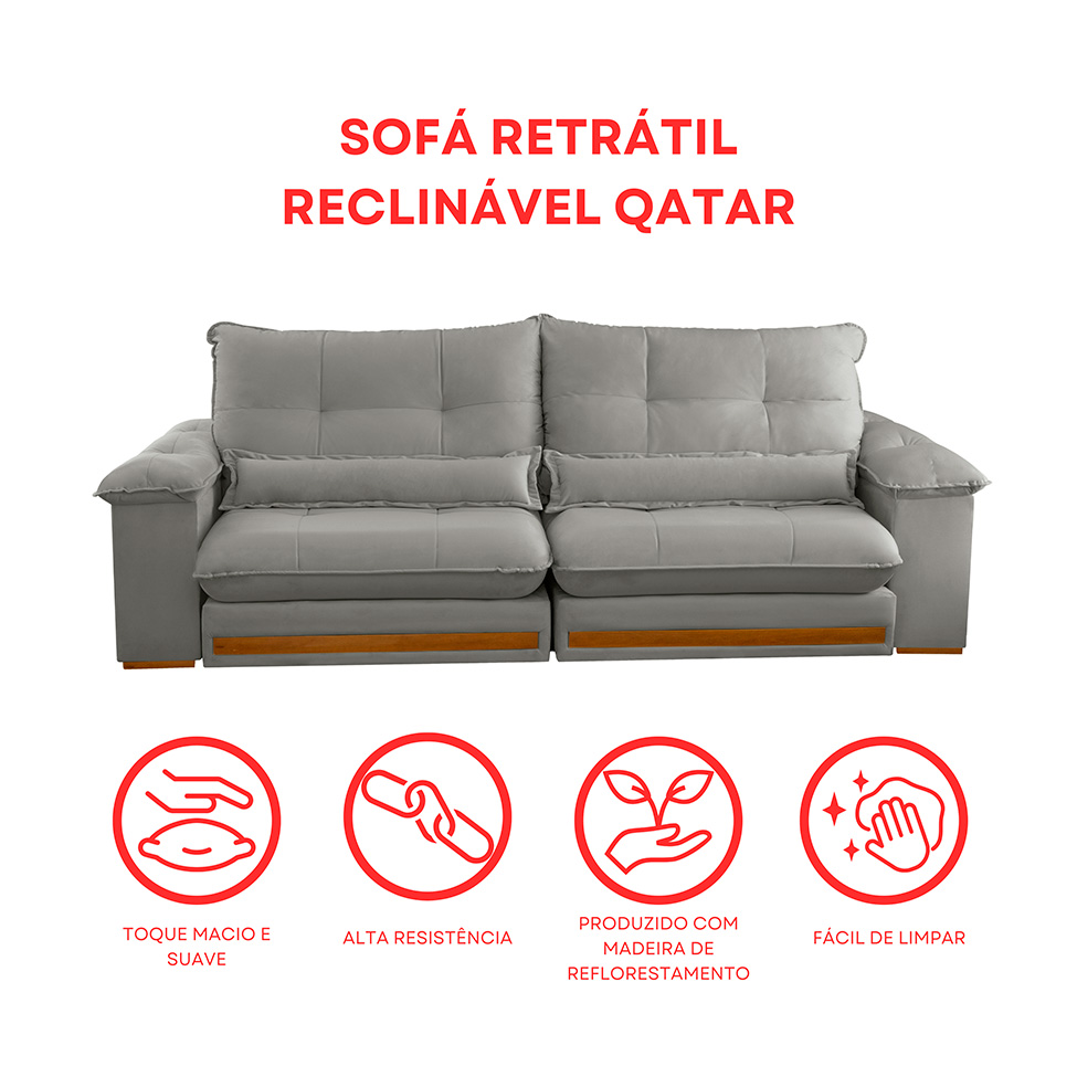 Sofá 4 Lugares Retrátil e Reclinável Qatar Linho Cinza 280 cm