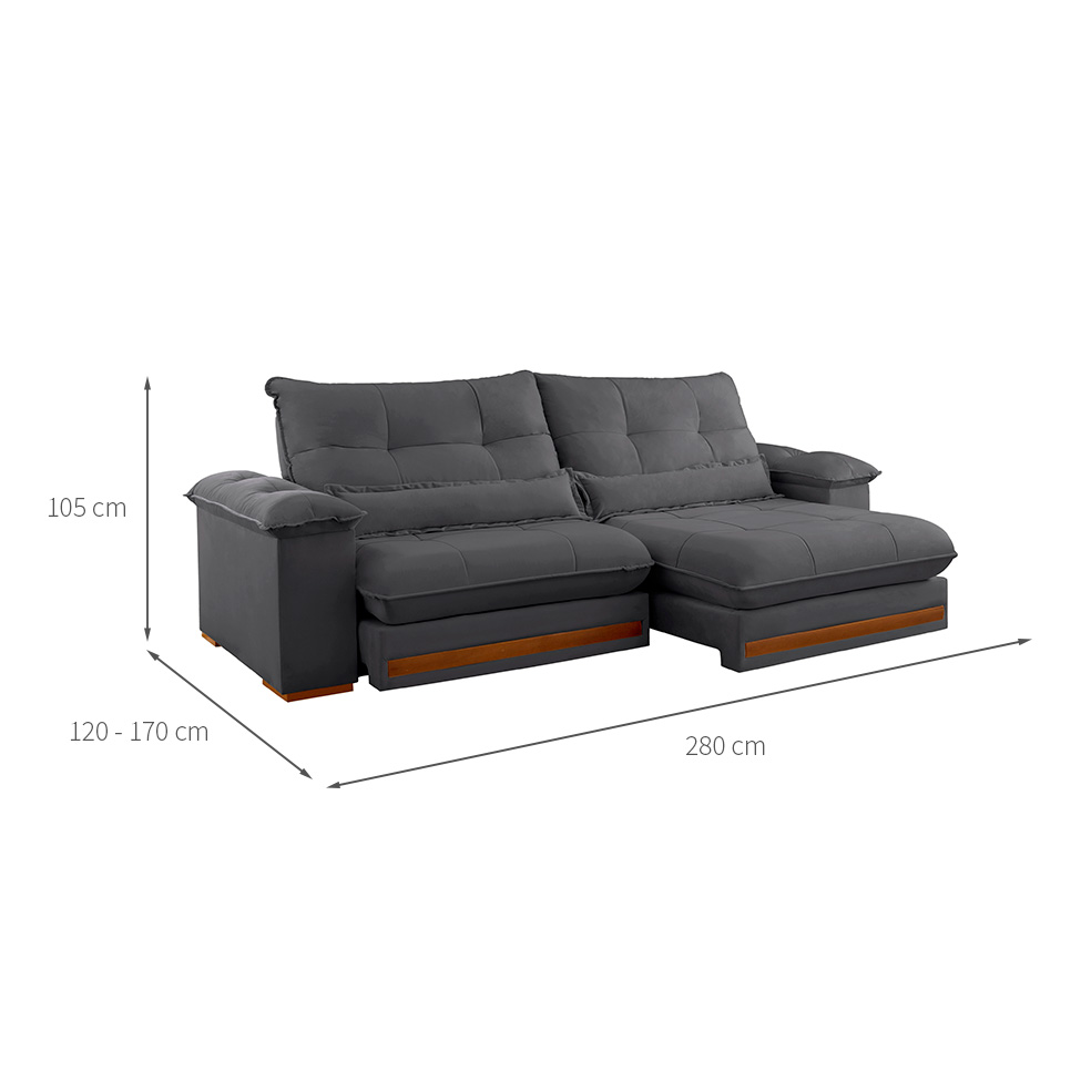Sofá 4 Lugares Retrátil e Reclinável Qatar Veludo Cinza 280 cm