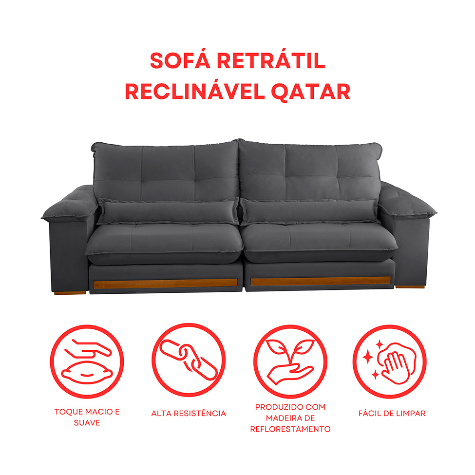 Sofá 4 Lugares Retrátil e Reclinável Qatar Veludo Cinza 280 cm