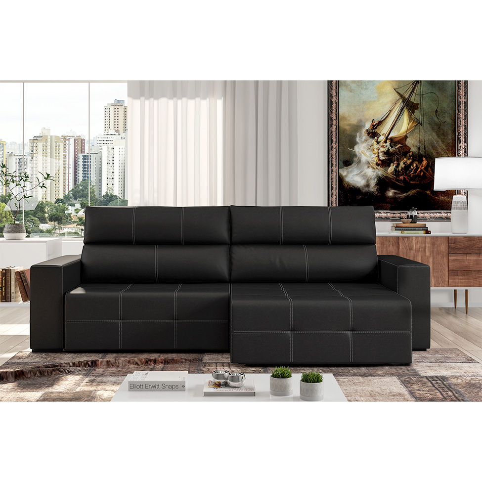 Sofá 4 Lugares Retrátil e Reclinável Roma Couro Preto 264 cm