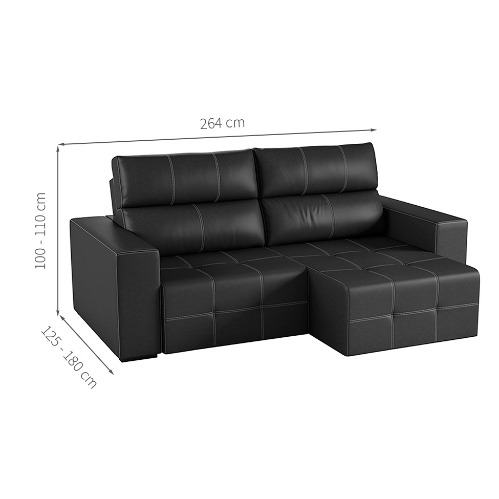 Sofá 4 Lugares Retrátil e Reclinável Roma Couro Preto 264 cm