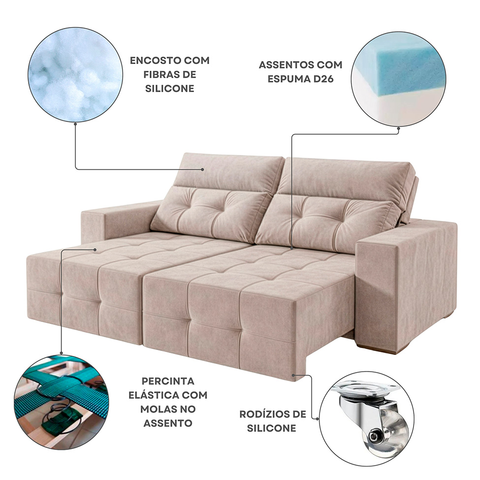Sofá 4 Lugares Retrátil e Reclinável Roma Veludo Areia 250 cm