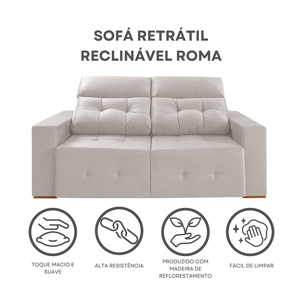 Sofá 4 Lugares Retrátil e Reclinável Roma Veludo Areia 250 cm