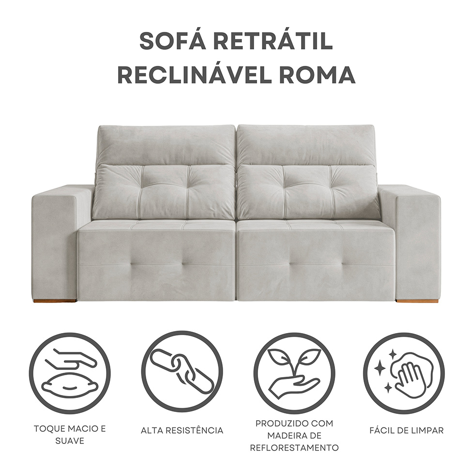 Sofá 4 Lugares Retrátil e Reclinável Roma Veludo Prata 250 cm