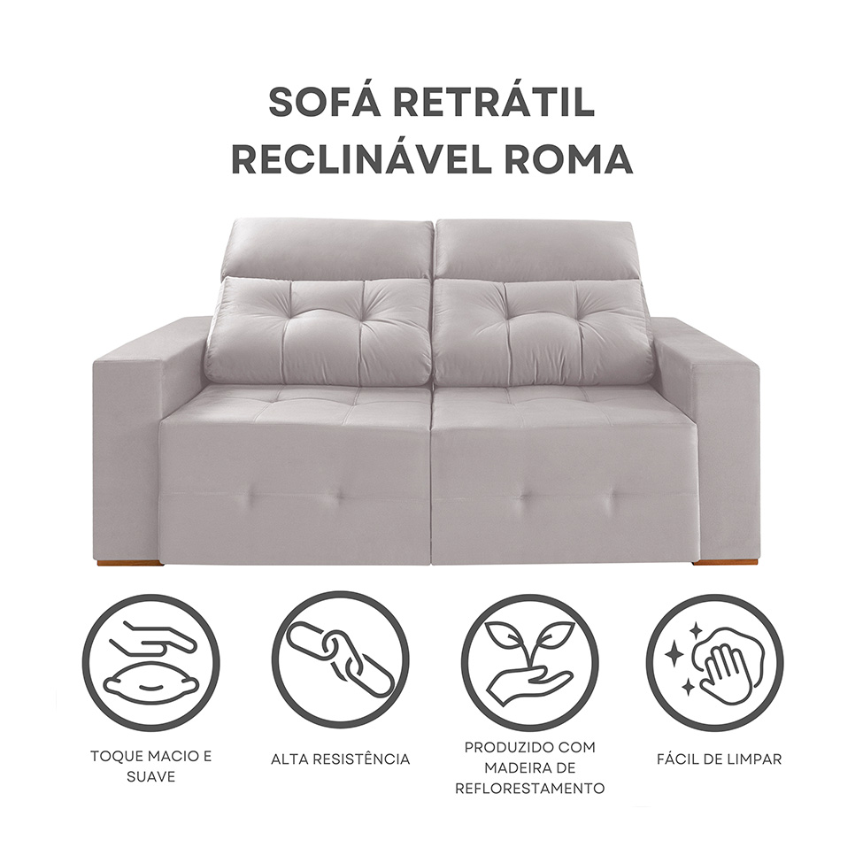Sofá 4 Lugares Retrátil e Reclinável Roma Veludo Prata 250 cm