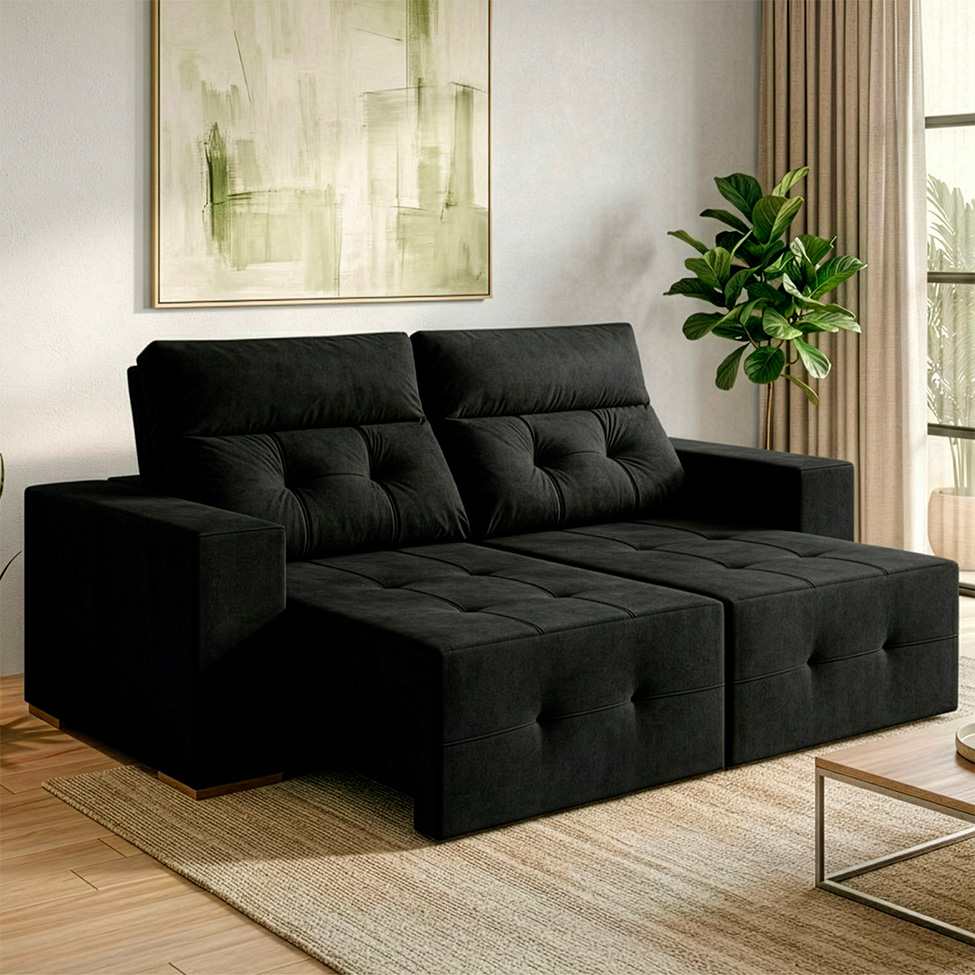 Sofá 4 Lugares Retrátil e Reclinável Roma Veludo Preto 250 cm