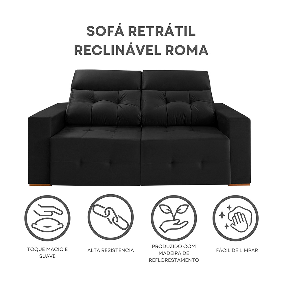 Sofá 4 Lugares Retrátil e Reclinável Roma Veludo Preto 250 cm