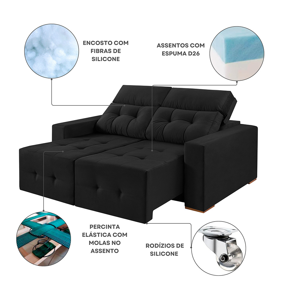 Sofá 4 Lugares Retrátil e Reclinável Roma Veludo Preto 250 cm