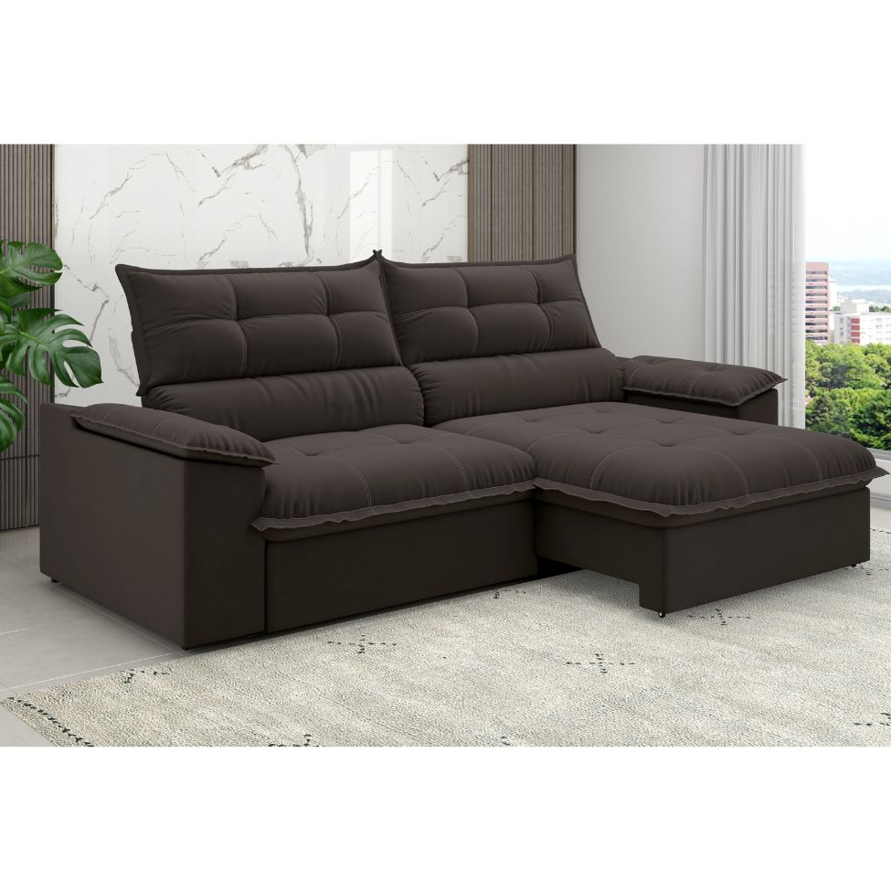 Sofá 4 Lugares Retrátil e Reclinável Venetto Veludo Slim Marrom 250 cm