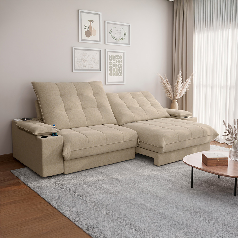 Sofá 4 Lugares Retrátil e Reclinável Volare com USB e Porta-Copos Linho Bege