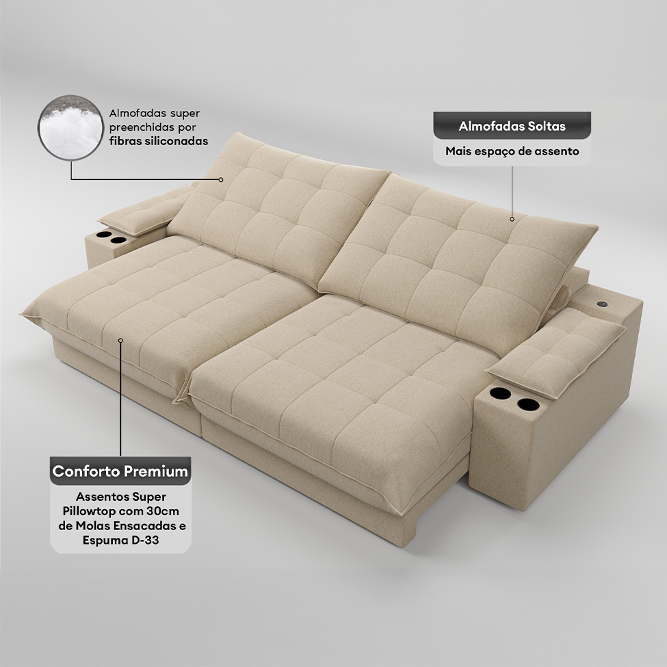 Sofá 4 Lugares Retrátil e Reclinável Volare com USB e Porta-Copos Linho Bege