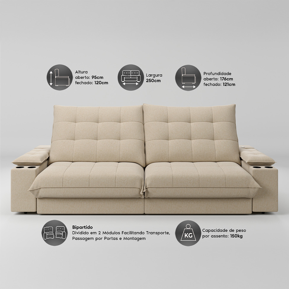 Sofá 4 Lugares Retrátil e Reclinável Volare com USB e Porta-Copos Linho Bege