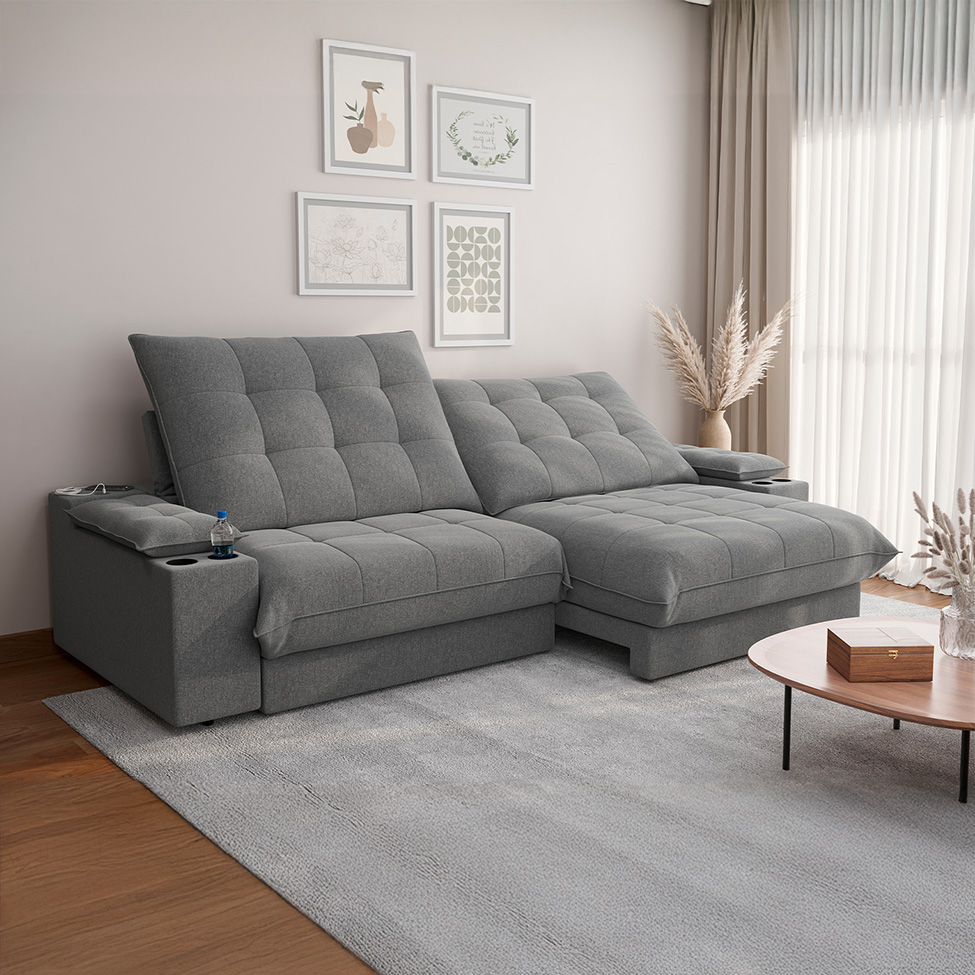 Sofá 4 Lugares Retrátil e Reclinável Volare com USB e Porta-Copos Linho Grafite