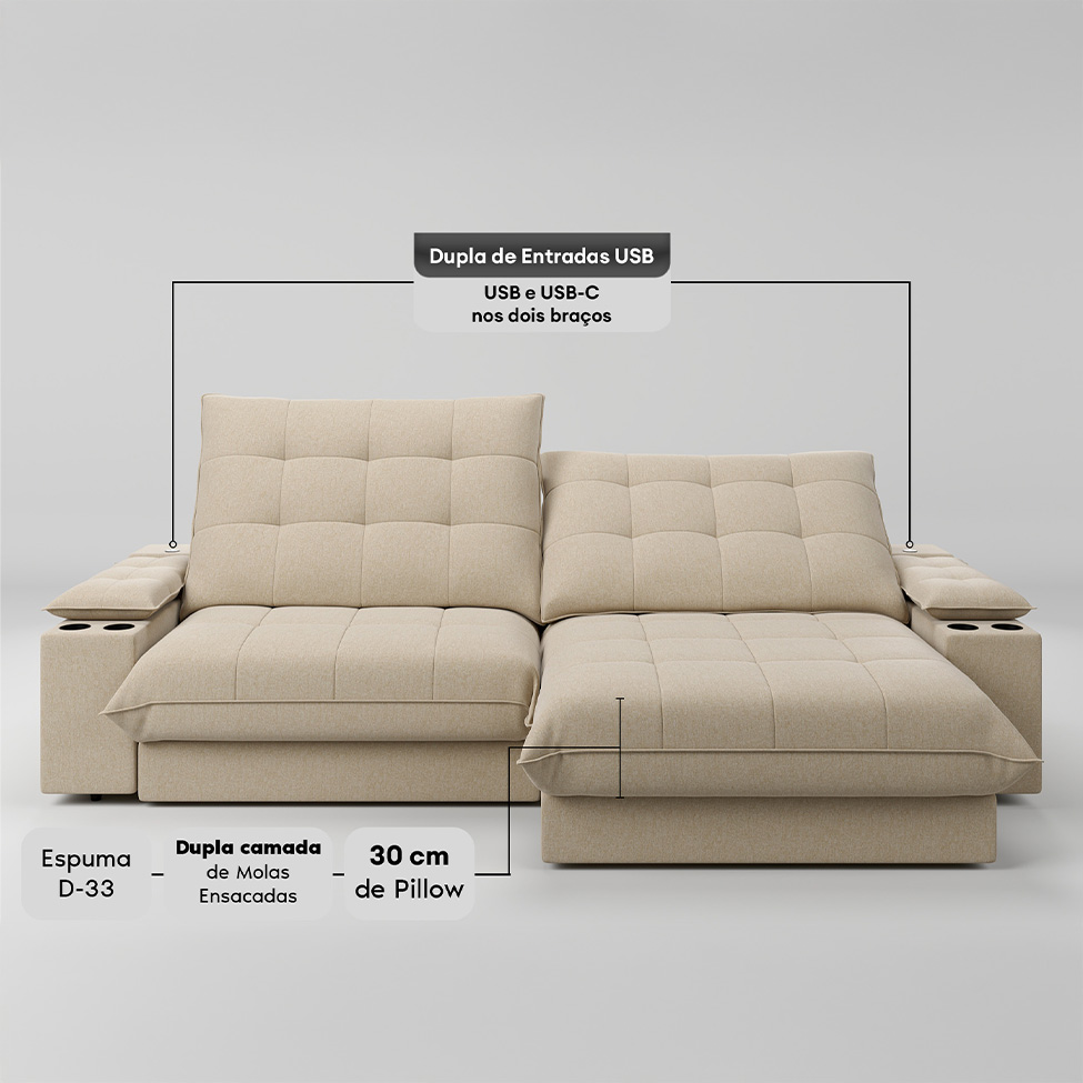 Sofá 4 Lugares Retrátil e Reclinável Volare com USB e Porta-Copos Linho Grafite