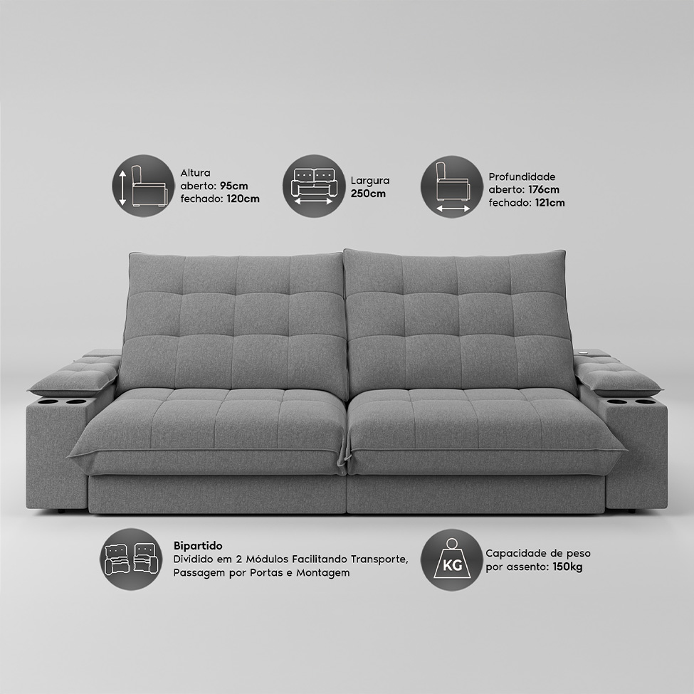 Sofá 4 Lugares Retrátil e Reclinável Volare com USB e Porta-Copos Linho Grafite