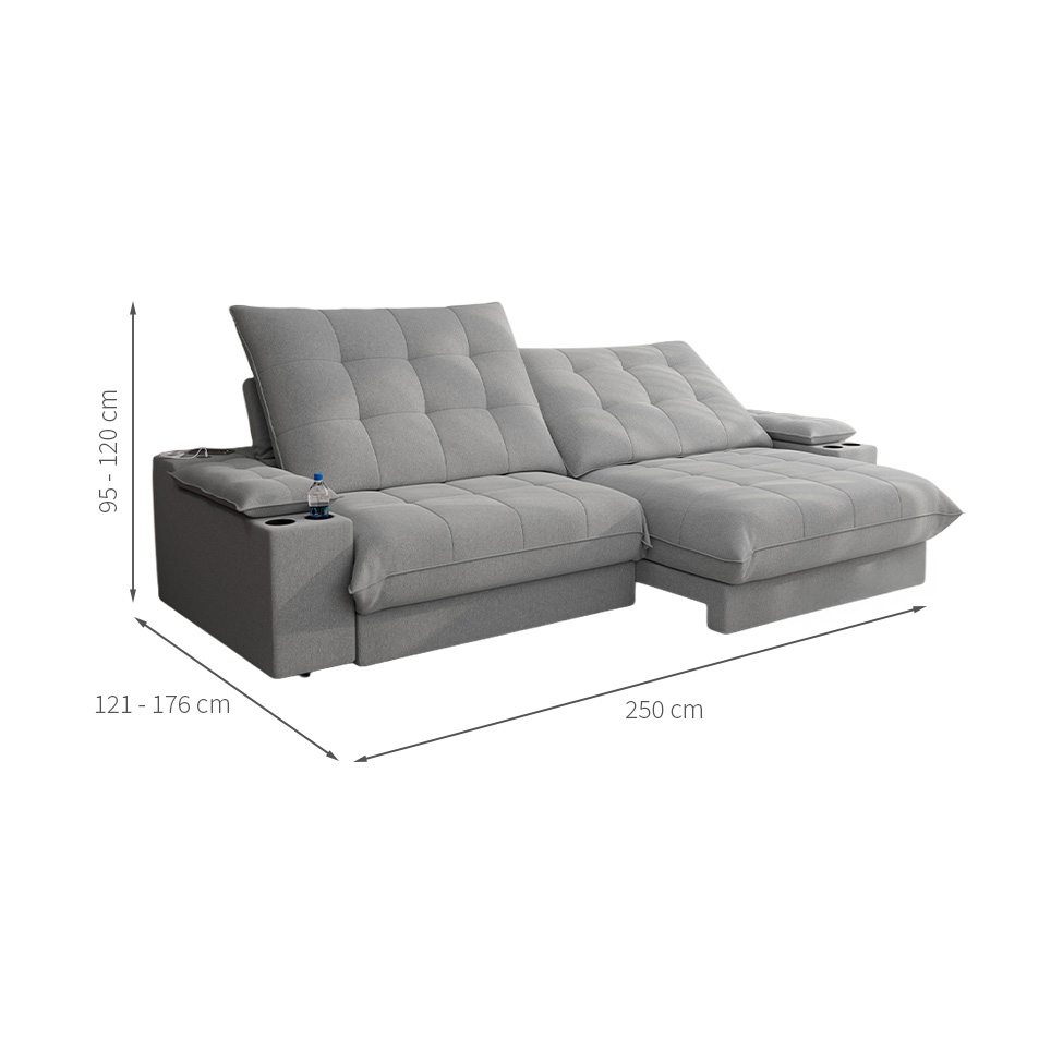 Sofá 4 Lugares Retrátil e Reclinável Volare com USB e Porta-Copos Linho Prata