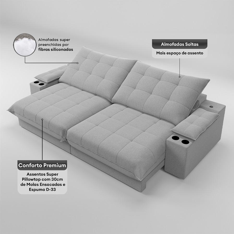 Sofá 4 Lugares Retrátil e Reclinável Volare com USB e Porta-Copos Linho Prata