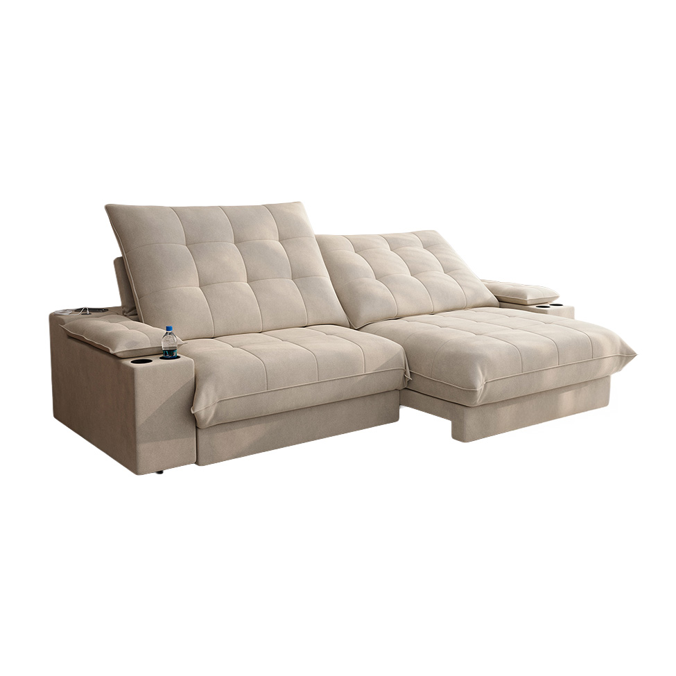 Sofá 4 Lugares Retrátil e Reclinável Volare com USB e Porta-Copos Veludo Areia