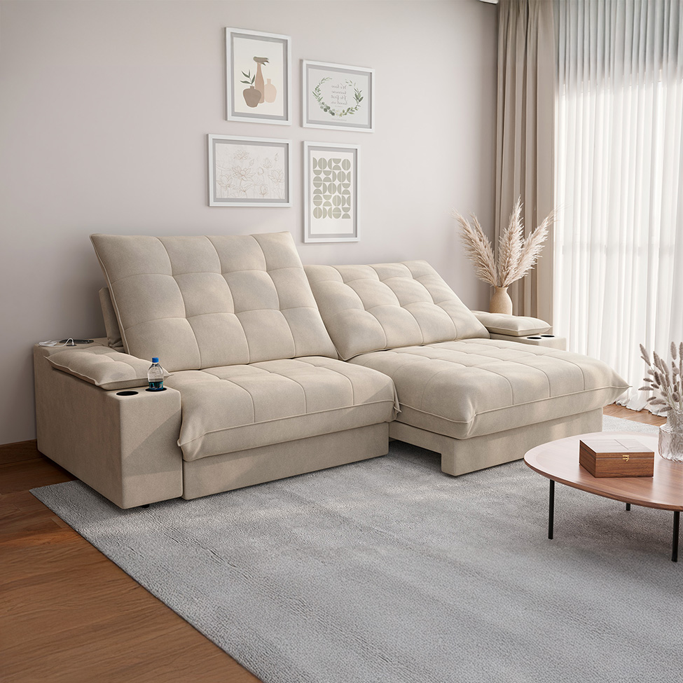 Sofá 4 Lugares Retrátil e Reclinável Volare com USB e Porta-Copos Veludo Areia