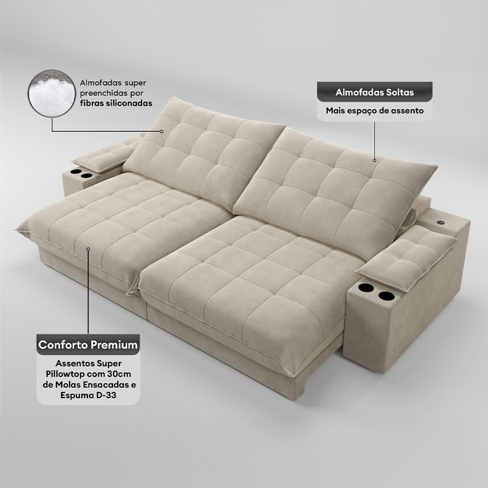 Sofá 4 Lugares Retrátil e Reclinável Volare com USB e Porta-Copos Veludo Areia